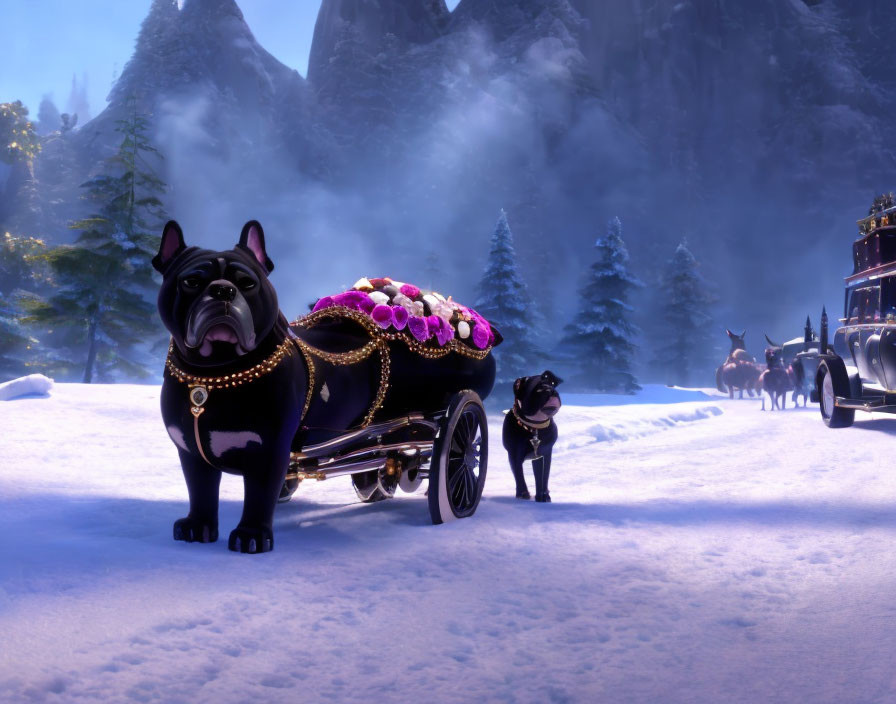 Animated black bulldog with flower cart in snowy landscape