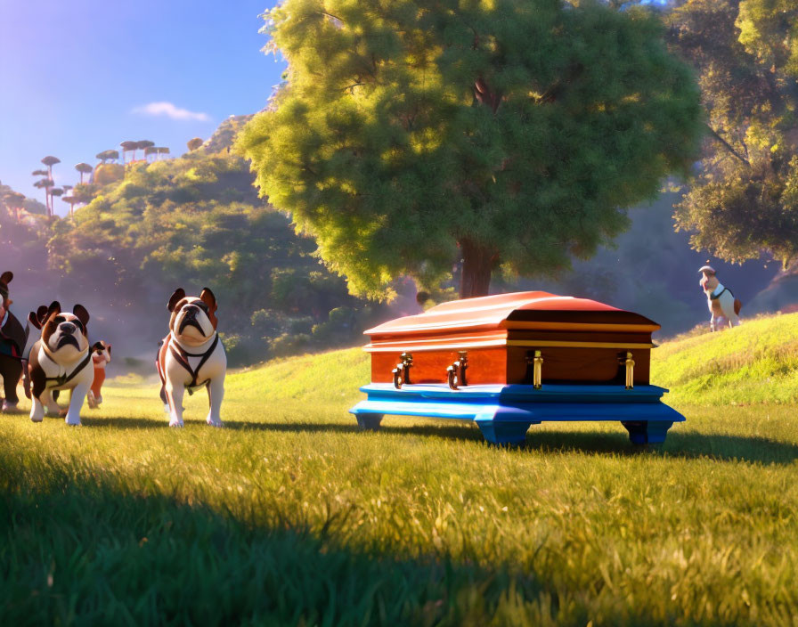 Bulldogs carrying a coffin in sunlit meadow with people in background