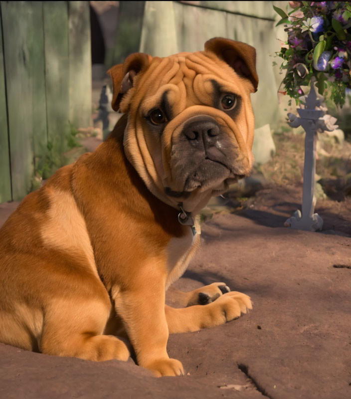 Brown animated bulldog with solemn face against wooden fence and flowers