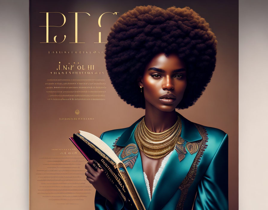 Stylish woman with afro hairstyle in teal blazer, holding book on elegant brown background