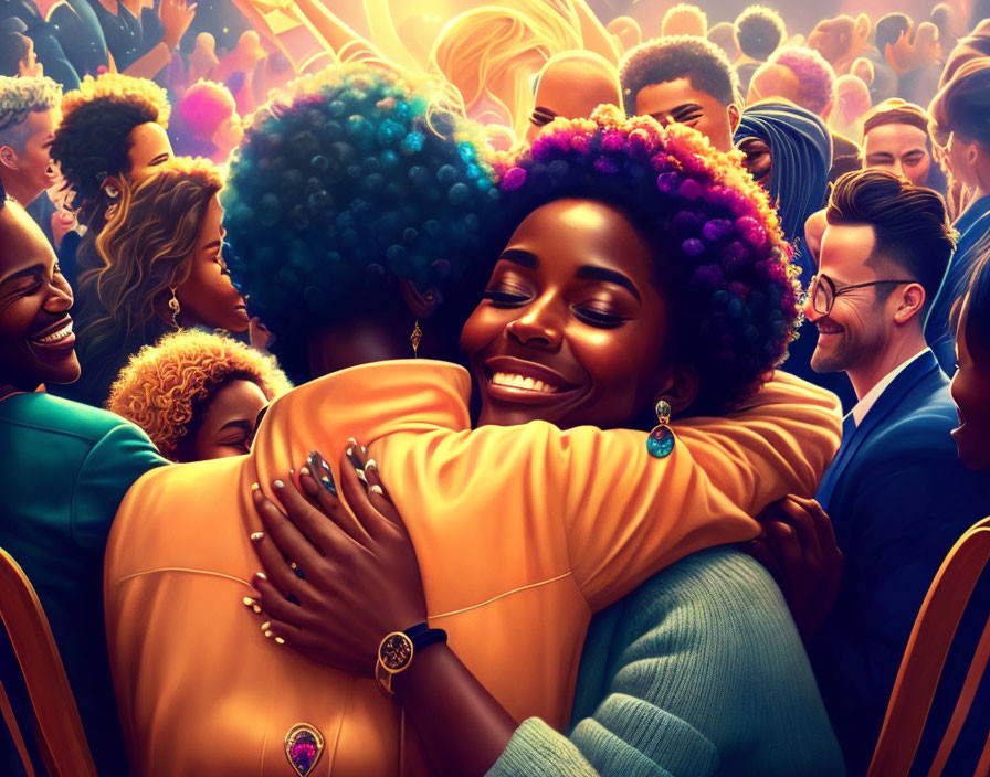 Colorful Illustration of Joyful Embrace with Smiling Crowd