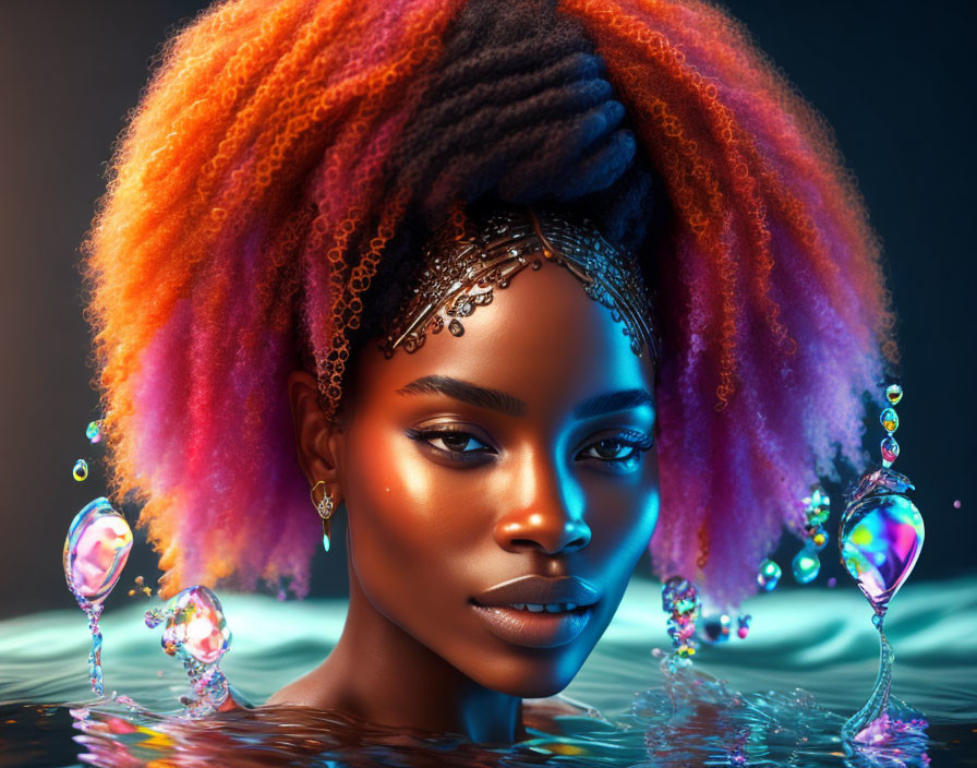 Colorful Afro Woman Surrounded by Water and Gemstones