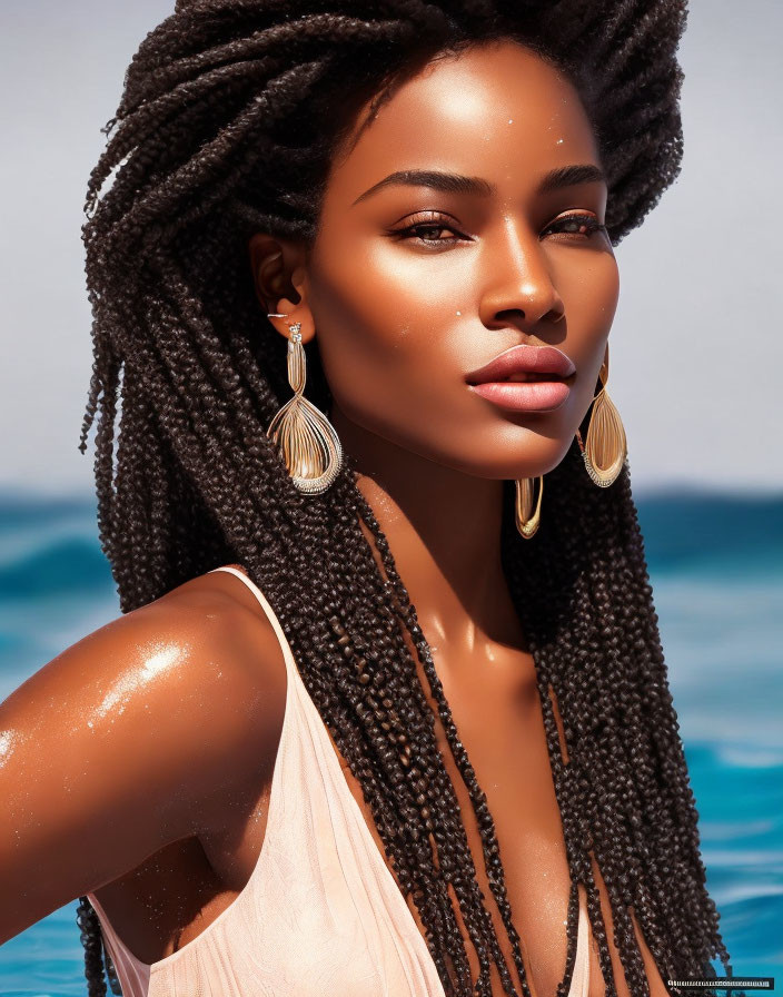 Woman with braided hair and gold earrings by blue water under sunlight