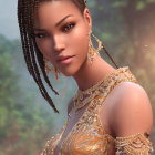 Elegantly adorned woman with braided hair and gold jewelry poses gracefully