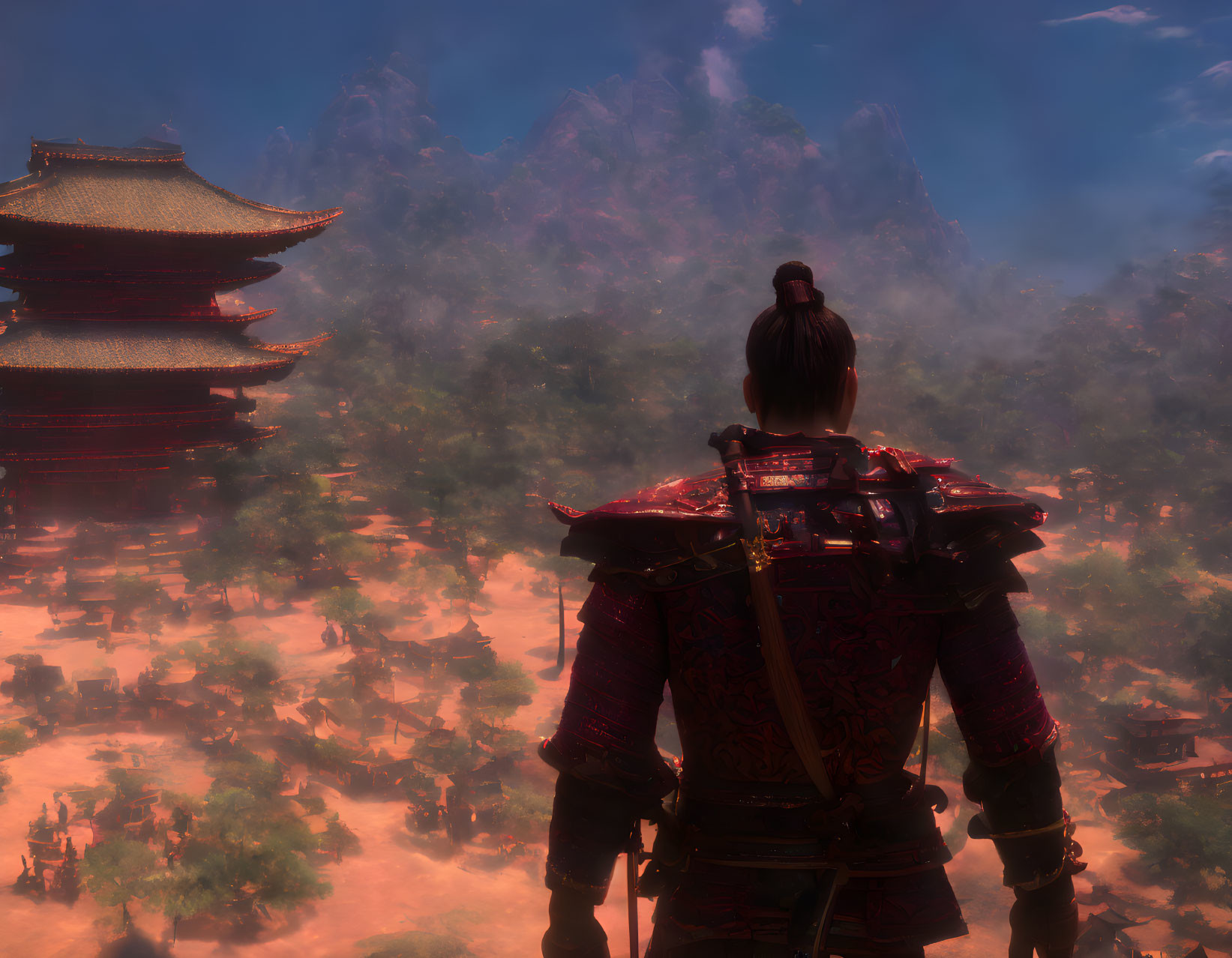 Warrior in Red Armor Overlooking Ancient Village with Pagodas