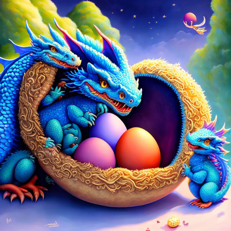 Colorful illustration of three blue dragons and golden nest with eggs in whimsical setting