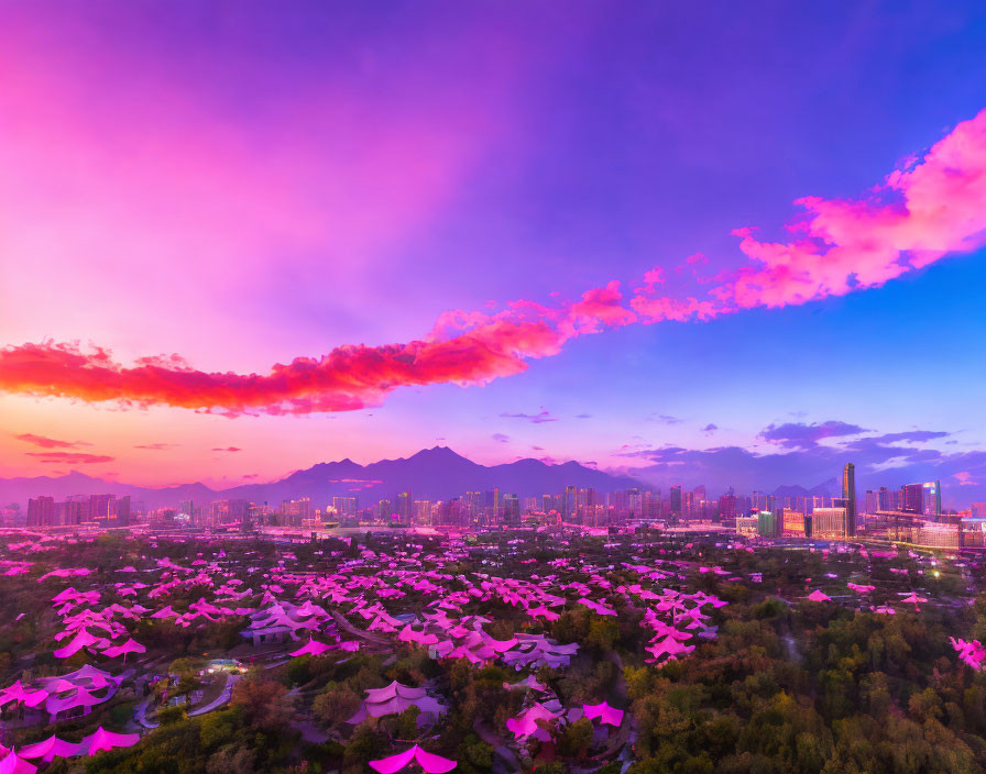 City skyline under purple and pink sunset sky with traditional buildings and park