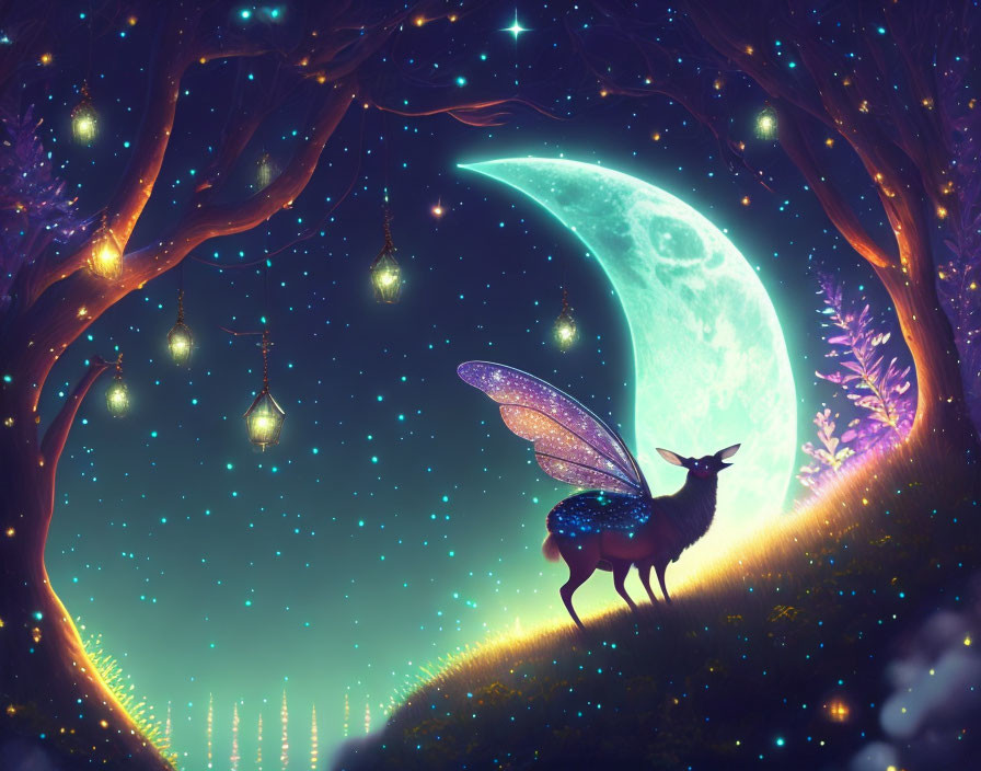 Mystical deer with glowing wings in magical forest at night