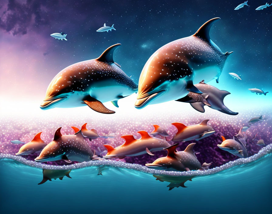 Surreal image: Dolphins leaping above and below water surface at twilight