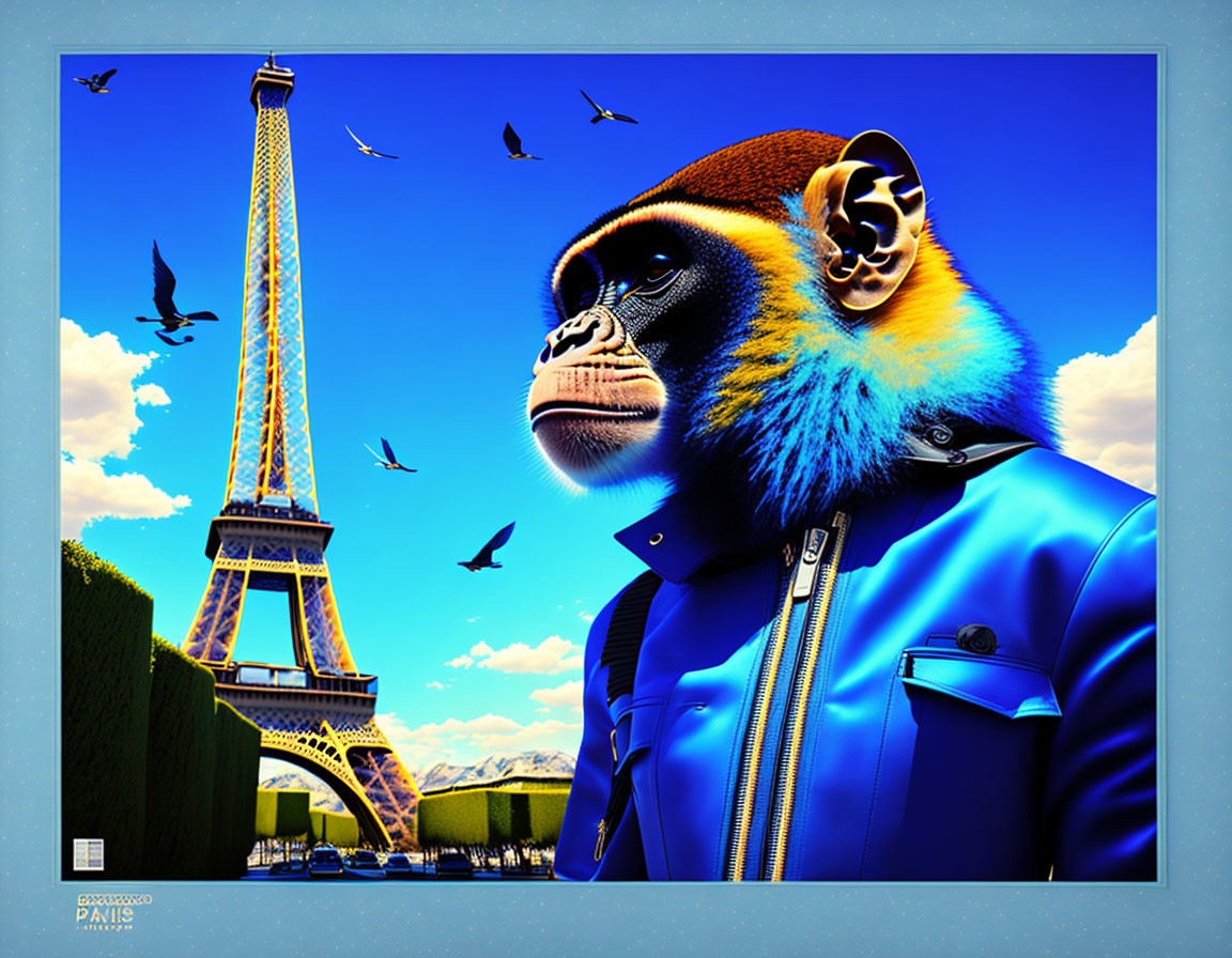 Stylish monkey in blue jacket at Eiffel Tower with flying birds