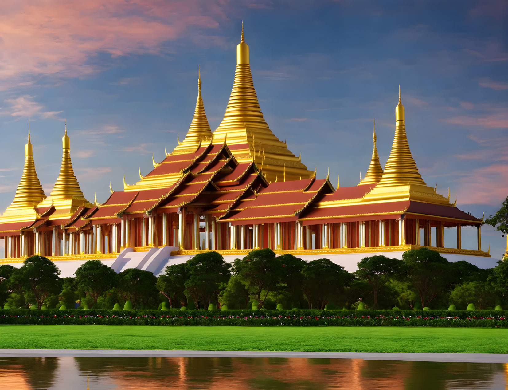 Traditional temple with gold spires and red roofs at sunset by the water