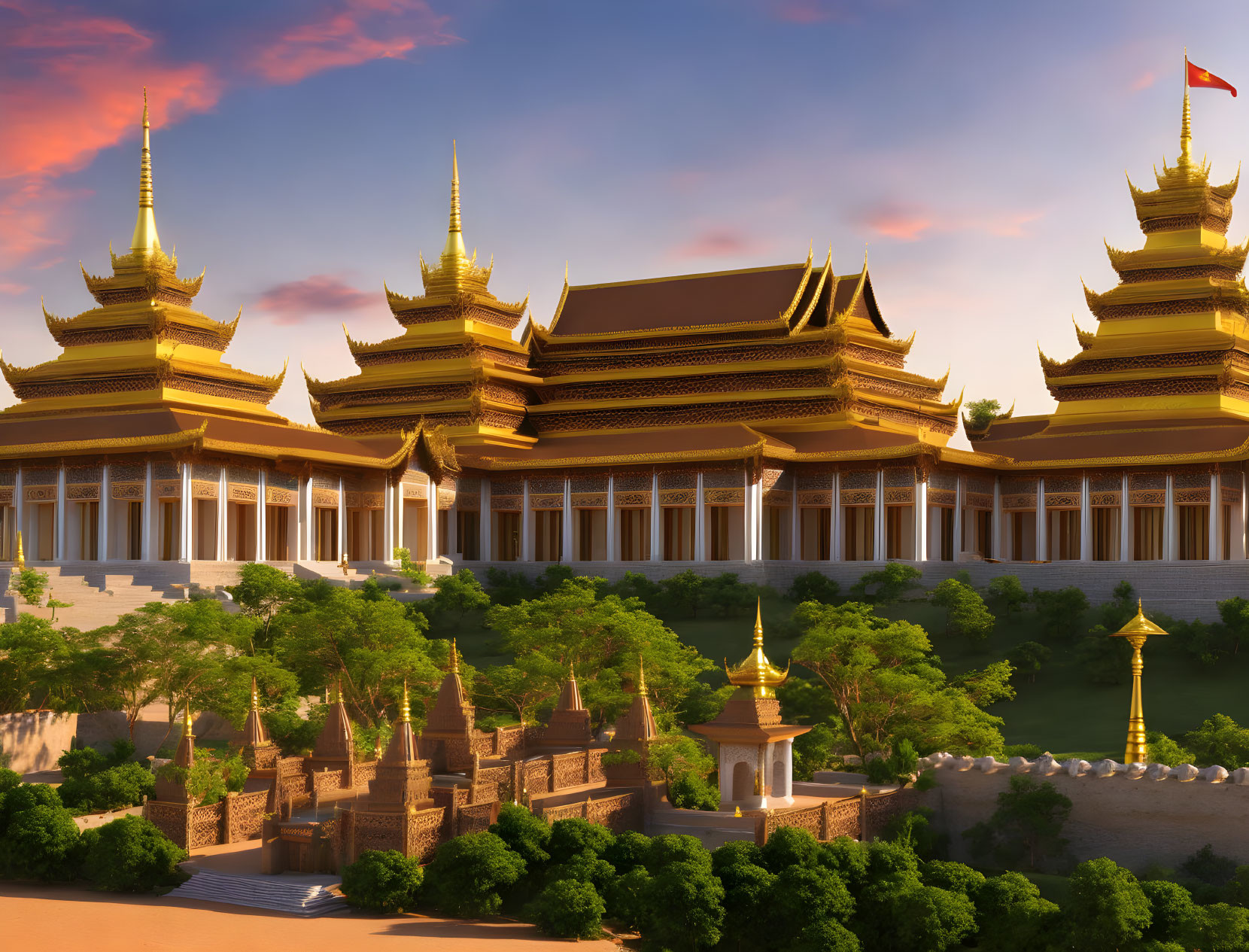 Golden-roofed Palace with Traditional Spires in Serene Sunset Setting