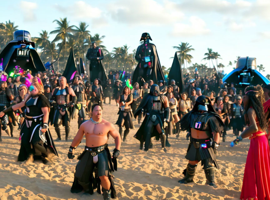 Cosplayers in Darth Vader attire at beach event with palm trees.