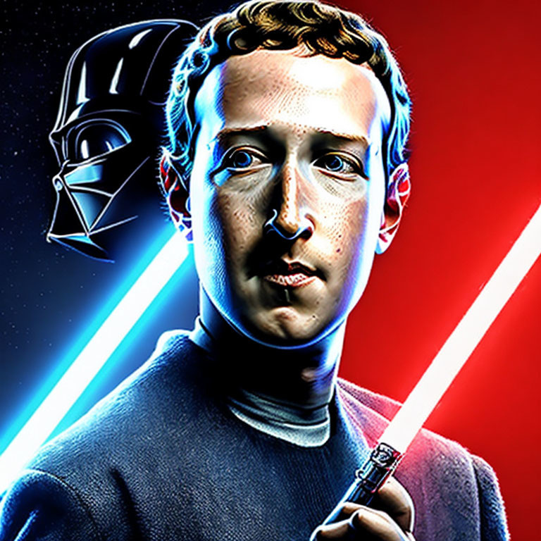 Sci-fi character with lightsaber and Darth Vader-like figure in red and blue setting