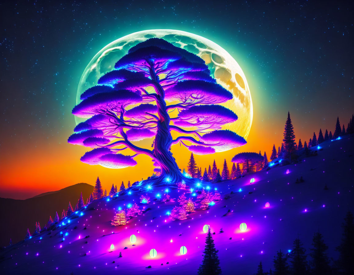 Surreal landscape digital art: large purple tree under massive moon