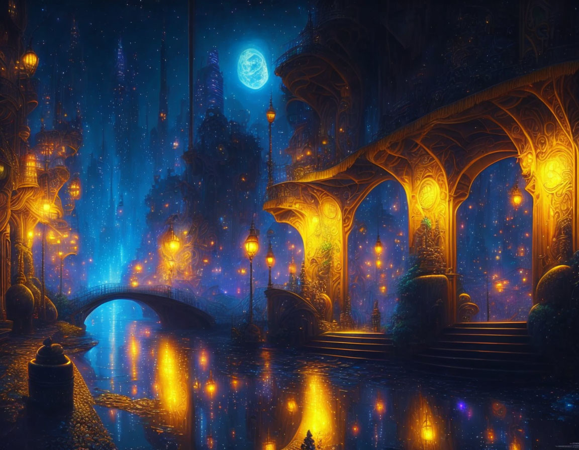 Ornate bridge over calm river in fantastical night scene