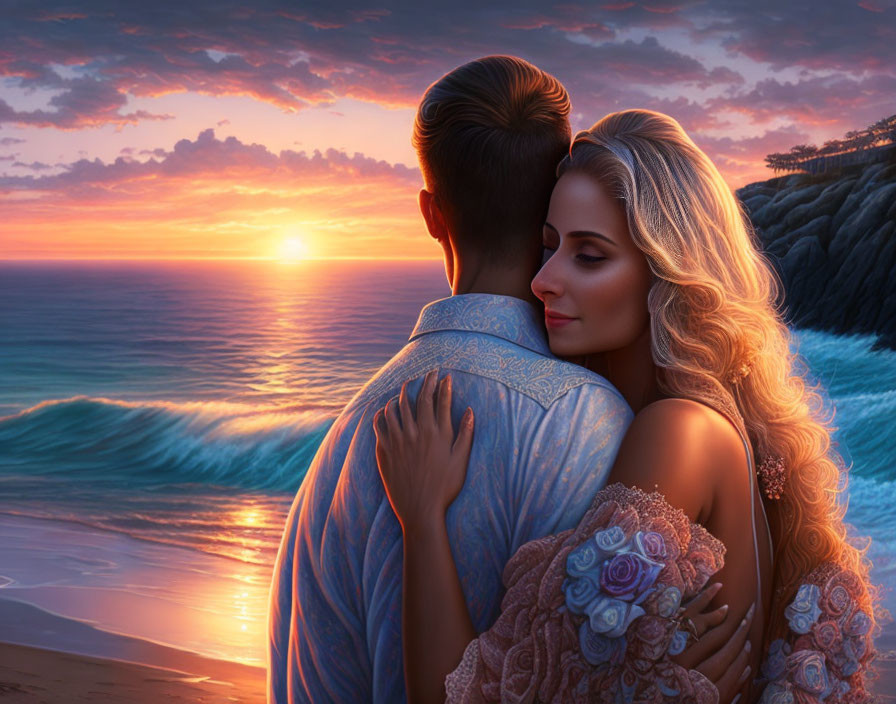 Romantic couple watching sunset over ocean with gentle waves.