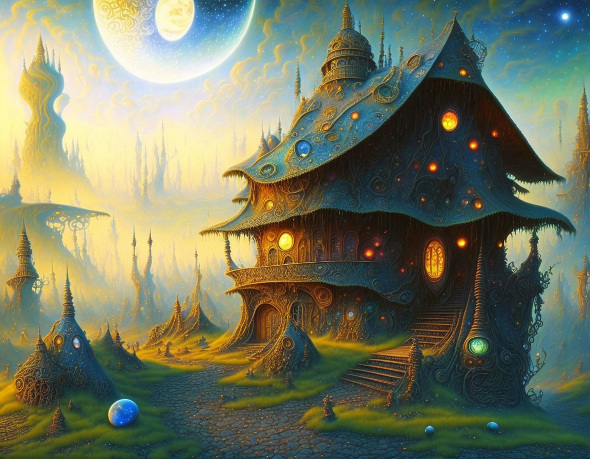 Fantastical House with Glowing Orbs and Mystical Landscape