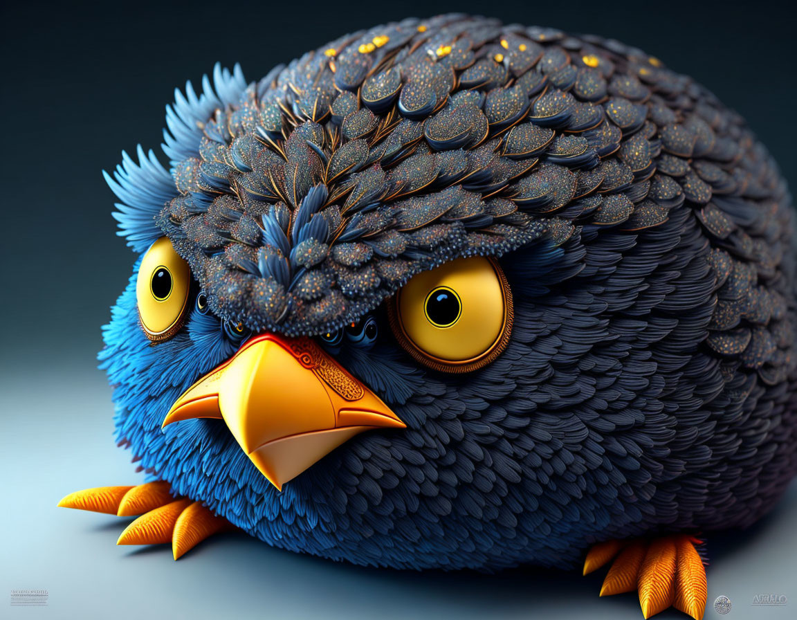 Chubby bird 3D illustration with blue feathers on grey background