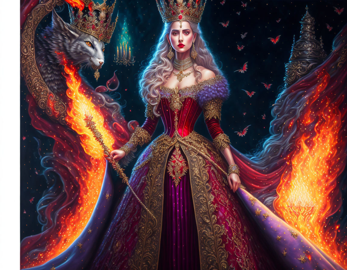 Regal queen and crowned wolf in fiery, mystical setting