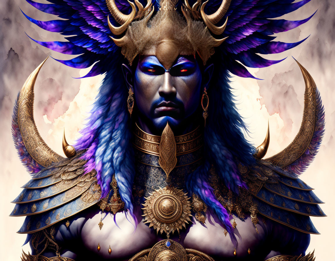 Fantasy figure with blue and purple plumage in ornate gold armor under ominous sky