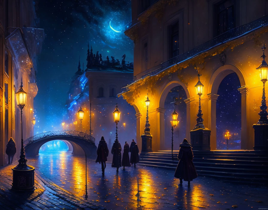 Nighttime scene: Group walking in historic city street under starry sky with crescent moon