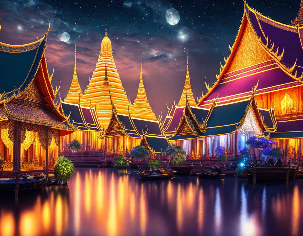 Traditional Thai temples and buildings illuminated by a river under a full moon.