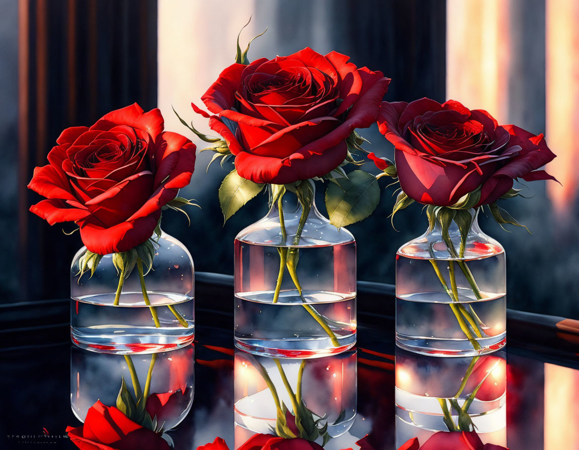 Three Vibrant Red Roses in Clear Vases on Softly Lit Blinds