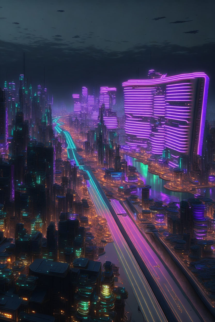 Futuristic cityscape at night with neon lights and skyscrapers