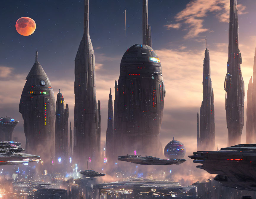 Futuristic cityscape with skyscrapers, red moon, flying vehicles, and twilight vibe