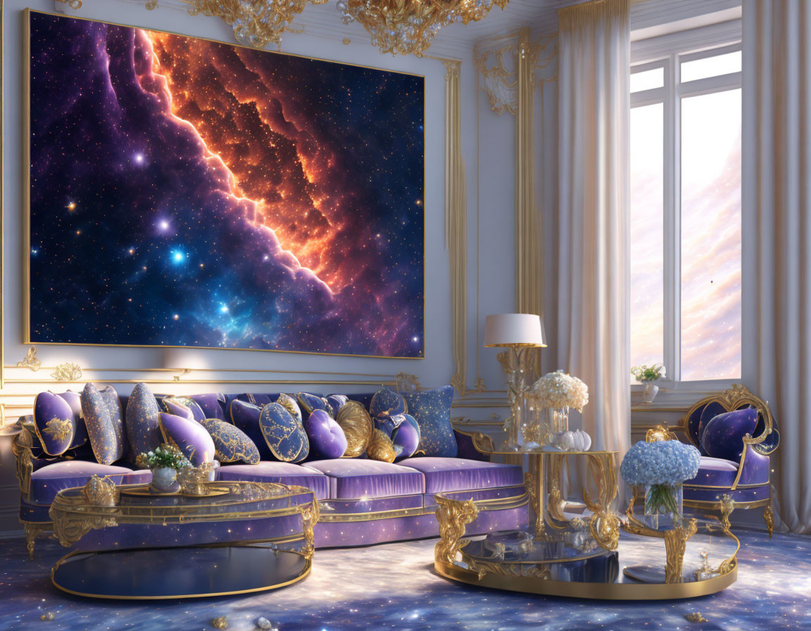 Elegant room with large window and nebula-themed screen