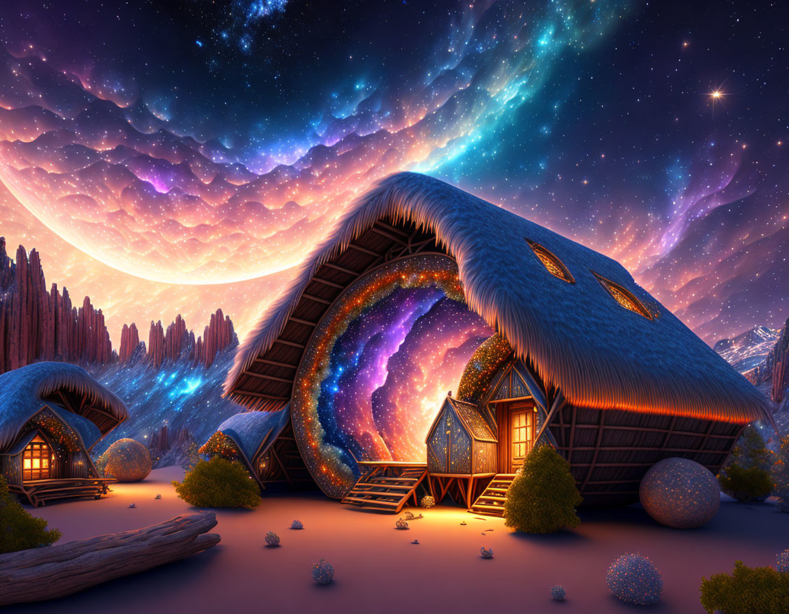 Fantasy Thatched Roof Houses in Starry Galaxy Landscape