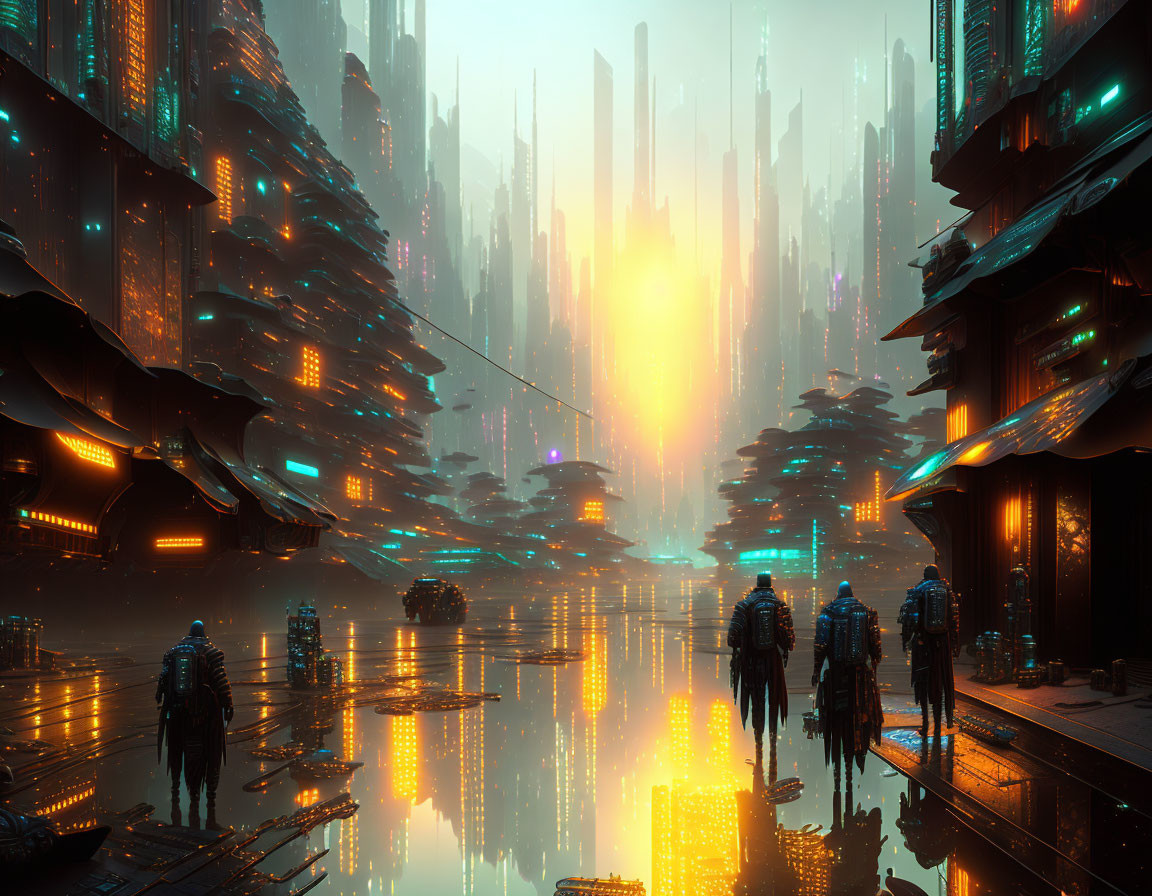 Futuristic cityscape with towering skyscrapers and glowing lights at dusk