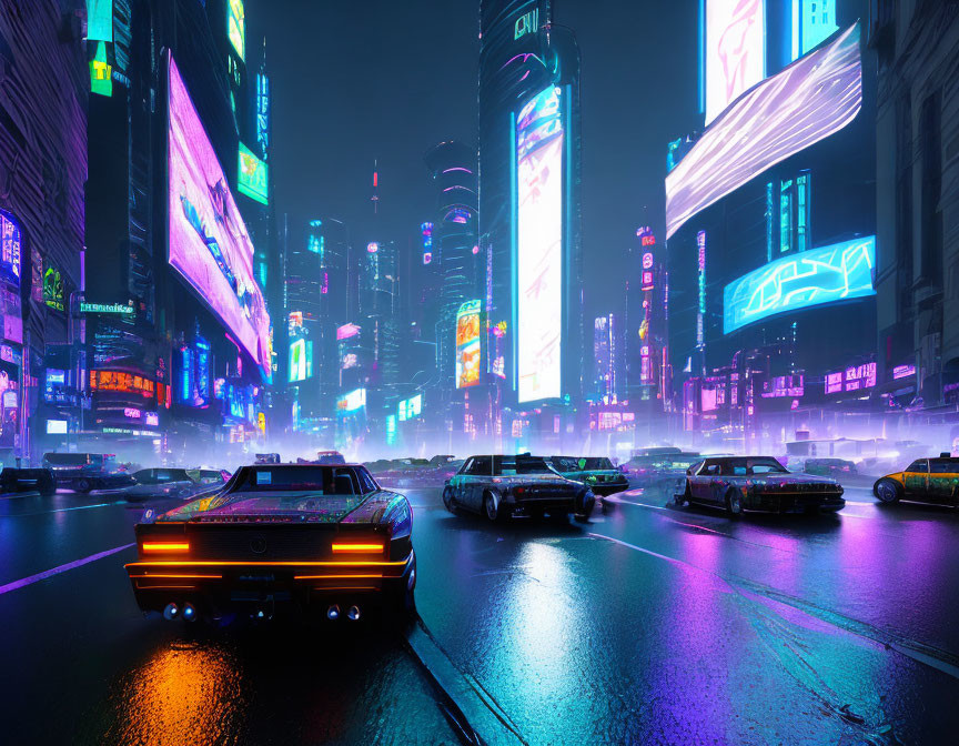 Futuristic neon-lit city street with digital billboards & cars