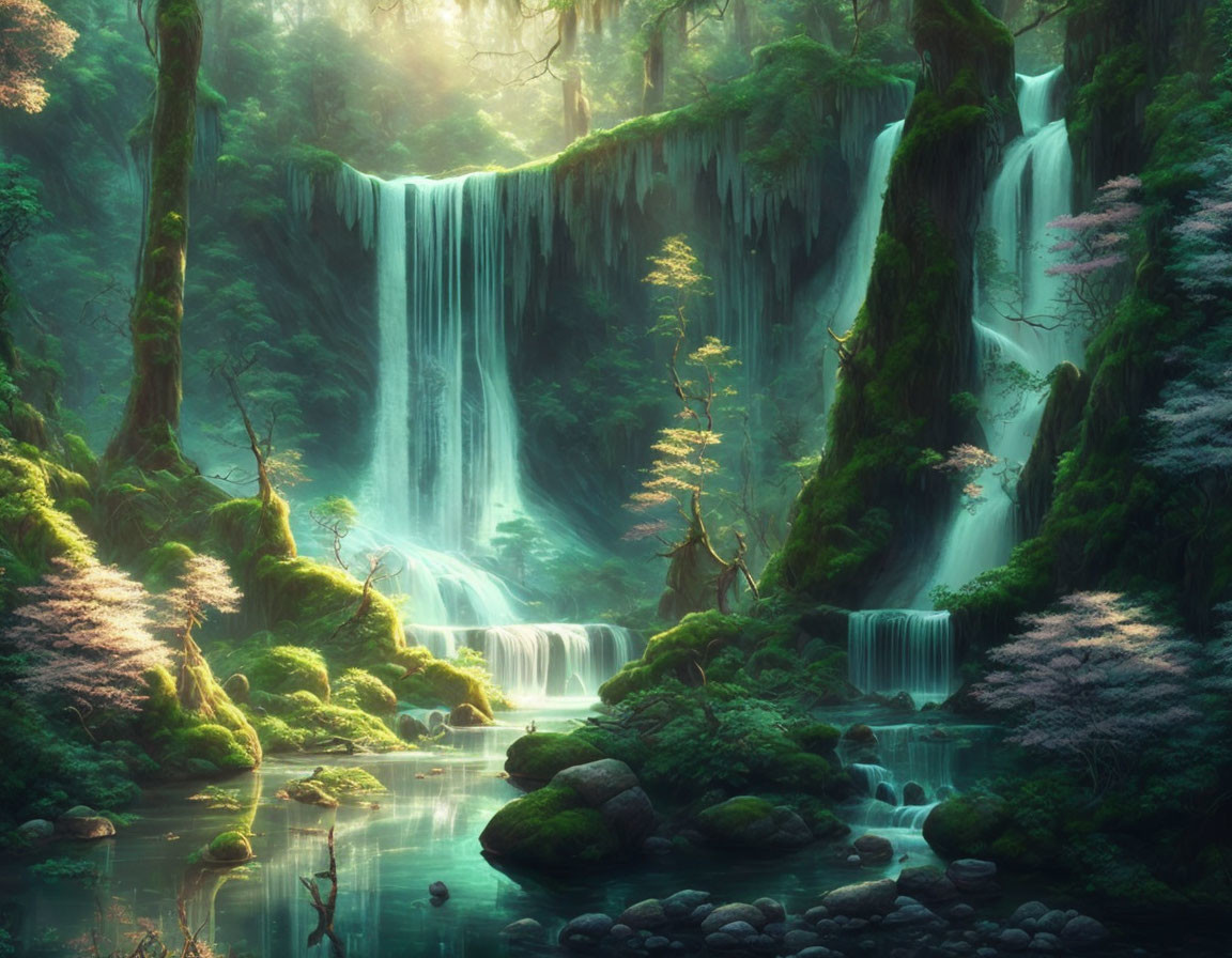 Tranquil waterfall in enchanted forest with sunbeams and lush greenery