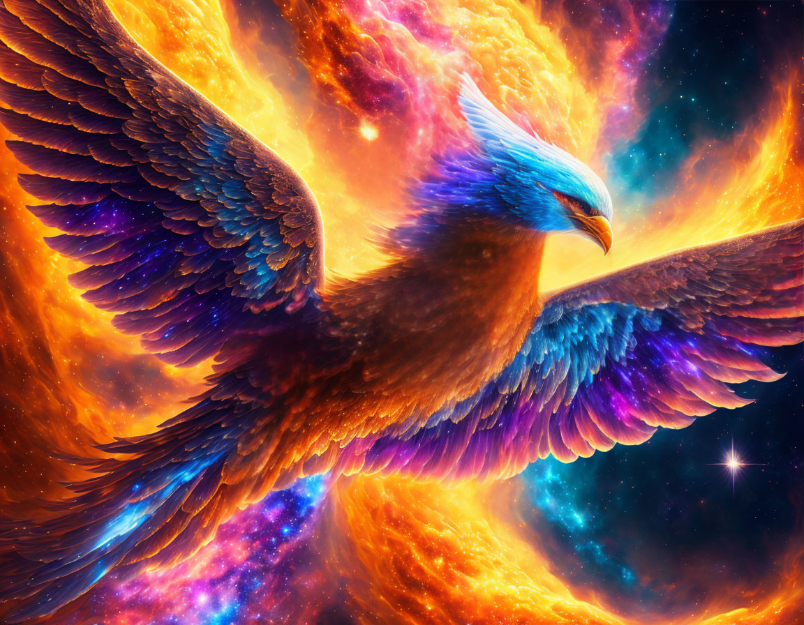 Vibrant Phoenix Artwork Soaring in Cosmic Nebula