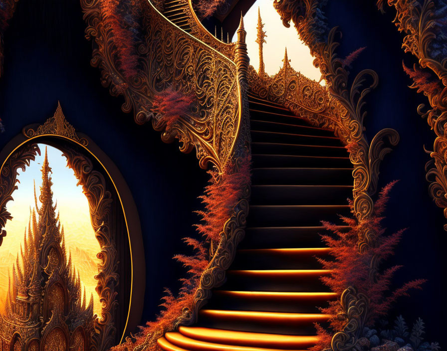 Intricate digital art: ornate spiral staircase with glowing steps and fractal architecture.