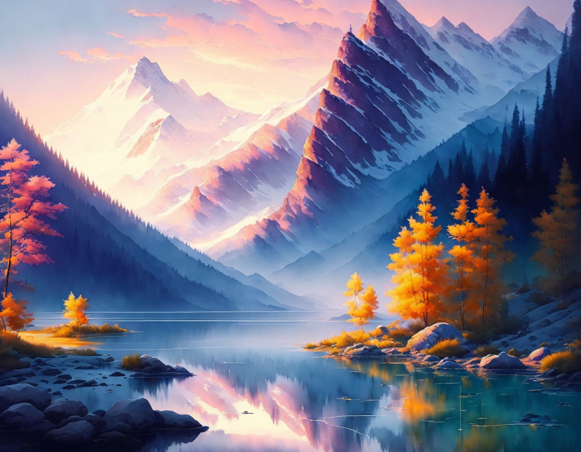 Tranquil landscape with snow-capped mountains, lake, autumn trees, and pastel sky