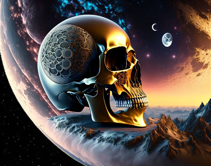 Metallic skull with intricate designs on cosmic backdrop.