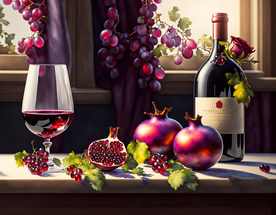 Red wine, pomegranates, grapes on table with draped window