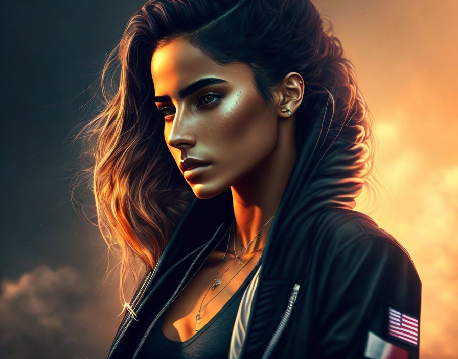 Digital Artwork: Woman in Jacket with American Flag Sleeve on Warm Backdrop