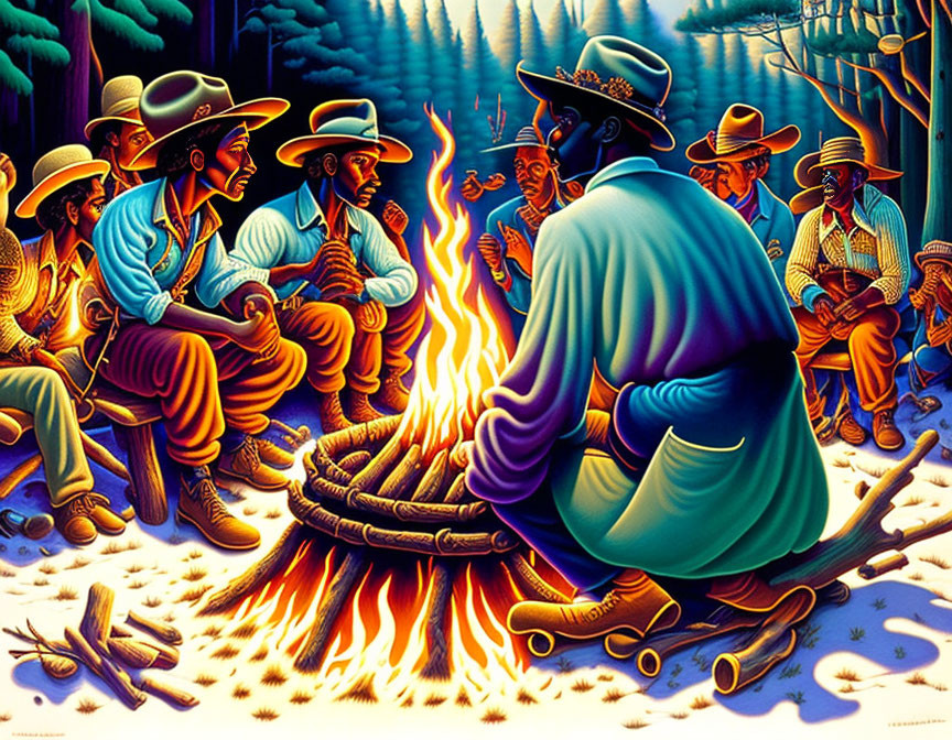 Cowboys around campfire in forest at night with blue and purple hues