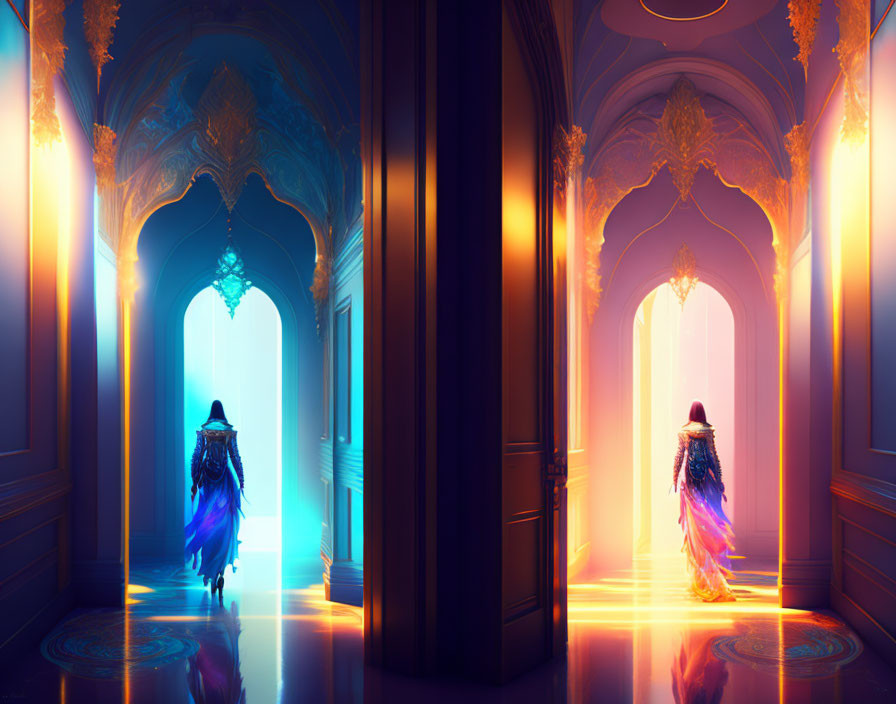 Mysterious Figures in Elaborate Cloaks Walk Through Palace Corridor