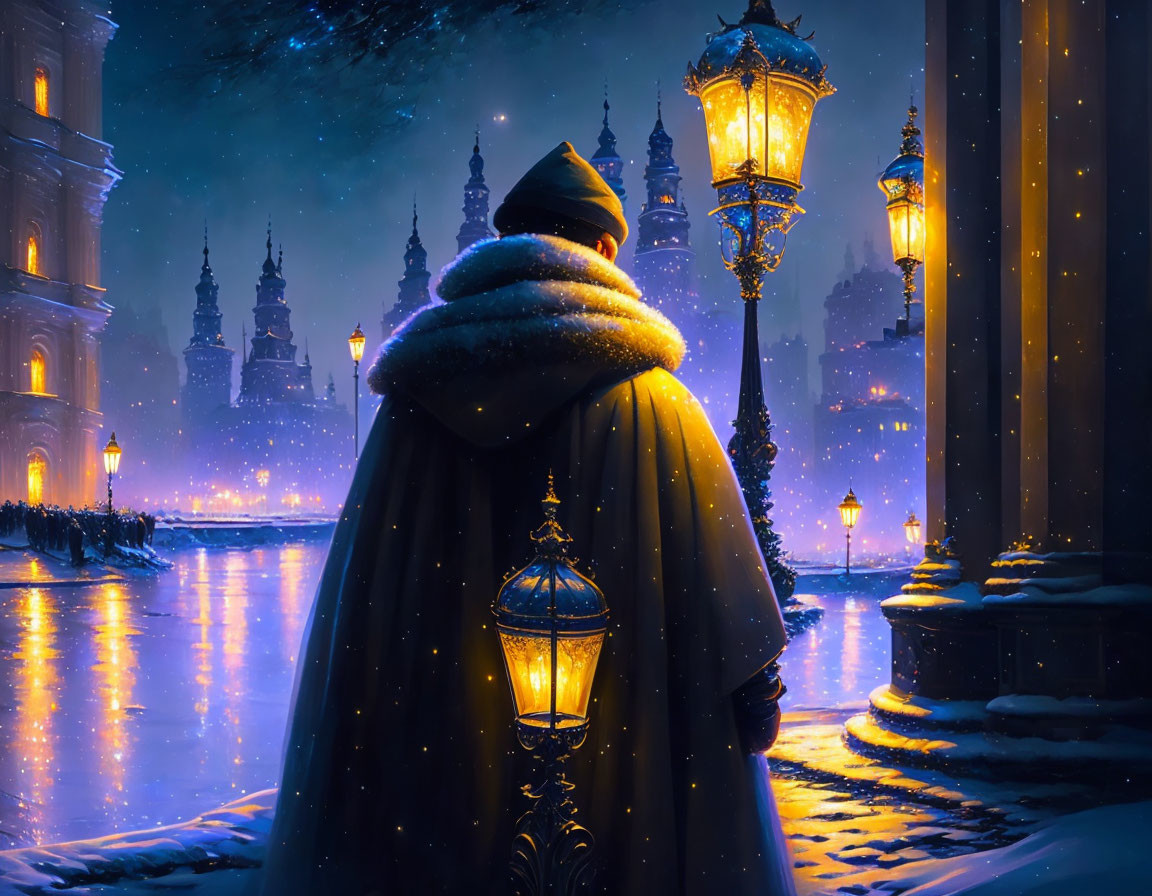 Mysterious figure with lantern on snowy street at night