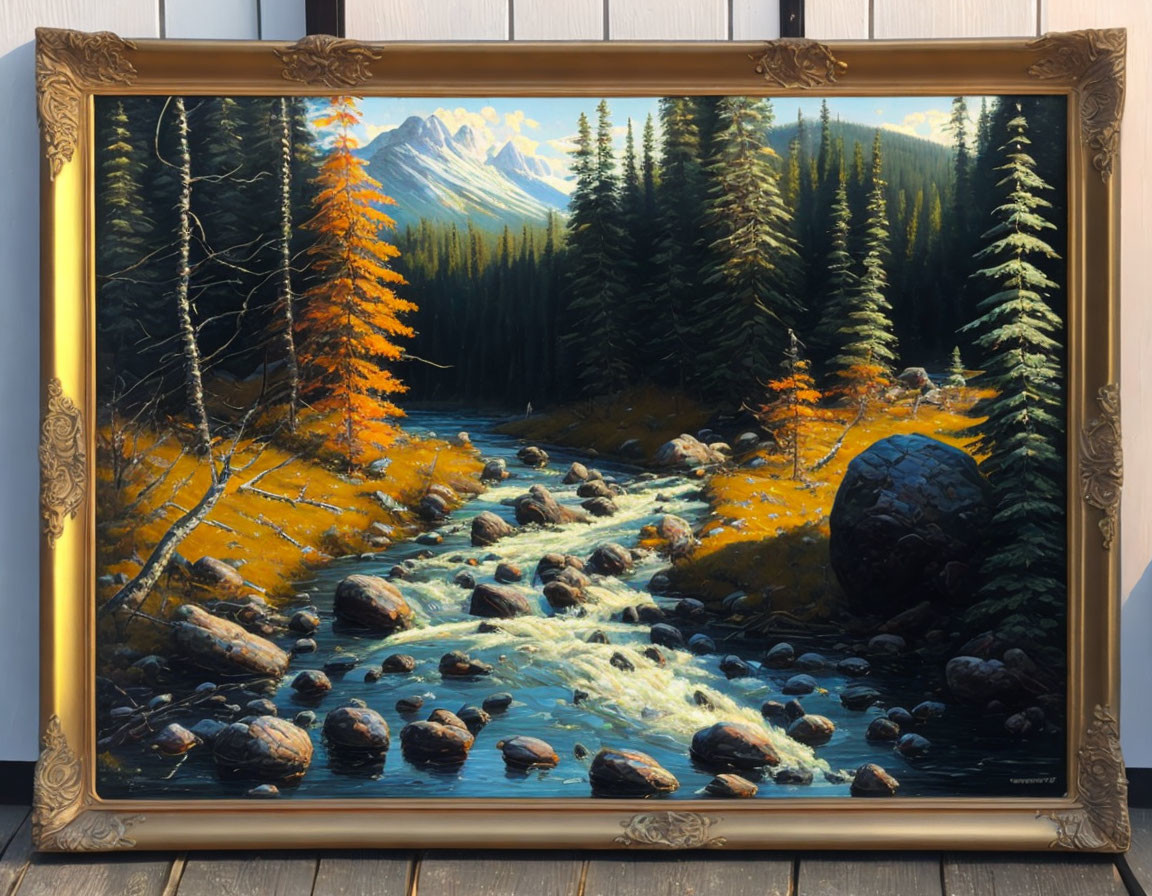 Mountainous Landscape Painting with River and Autumn Trees in Frame