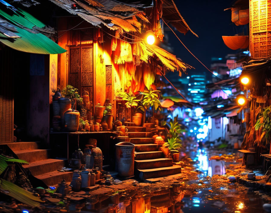 Vibrant Night Alley Scene with Traditional Decorations and Reflecting Puddles