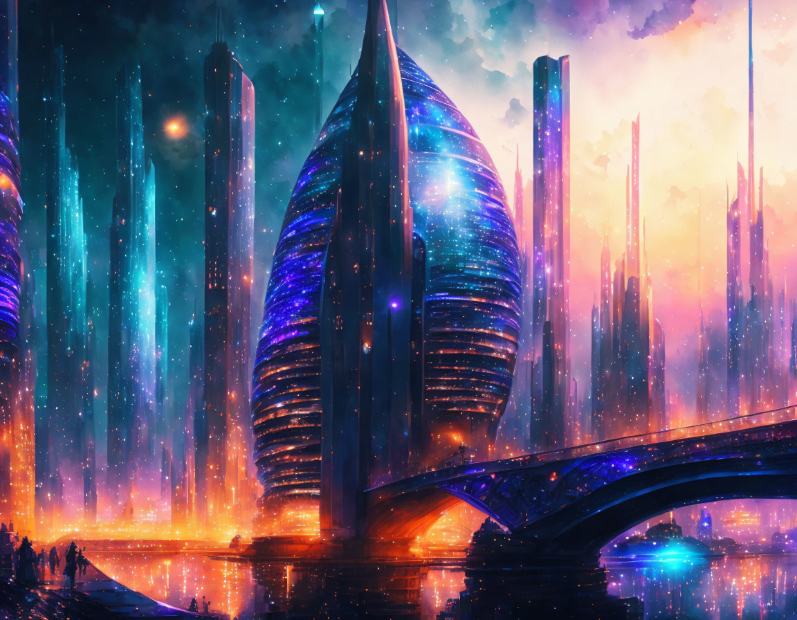 Futuristic cityscape at dusk with neon-lit skyscrapers and bridge