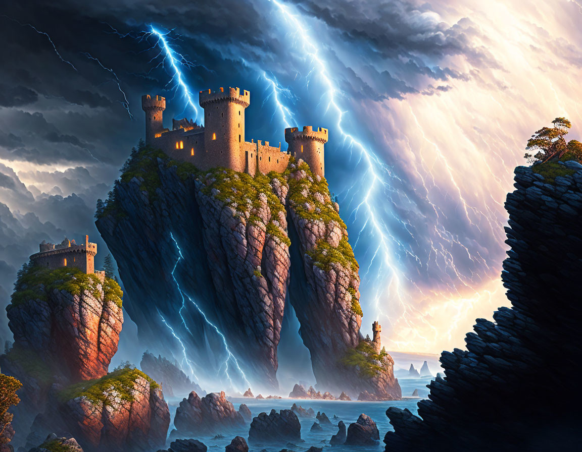 Majestic castle on cliffs in thunderstorm with lightning strikes