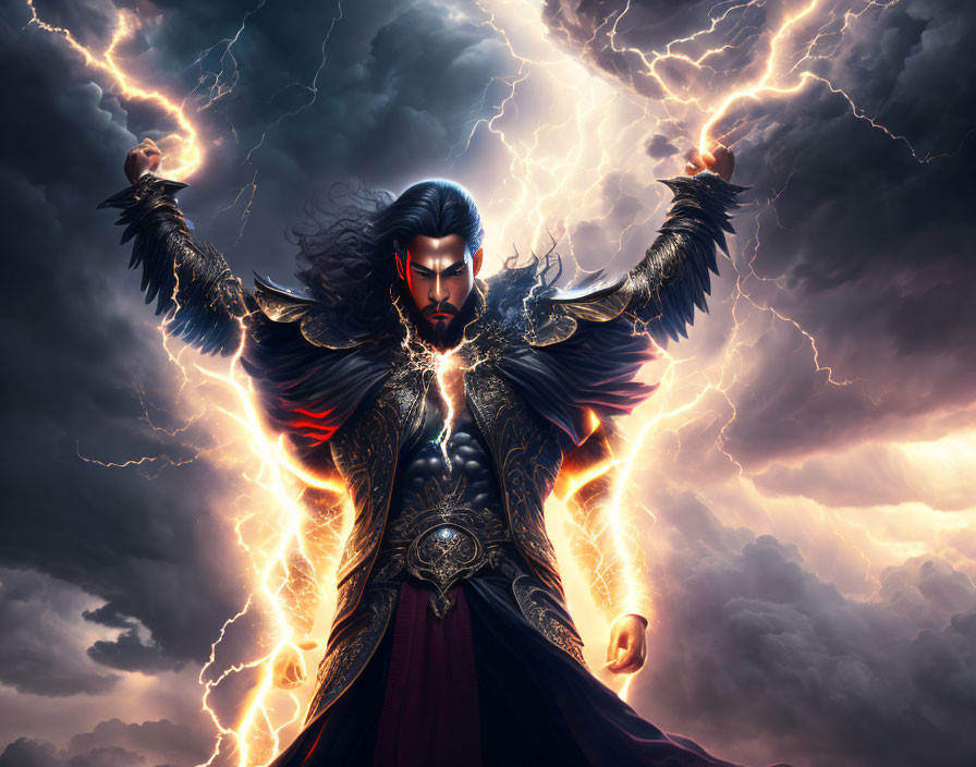 Bearded figure in dark armor with lightning backdrop