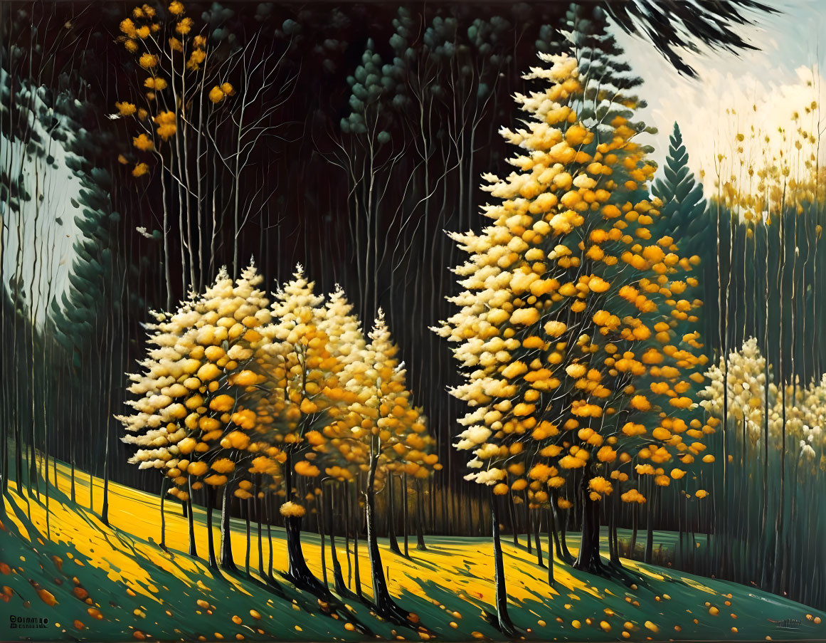 Serene forest painting with tall dark trees and vibrant yellow foliage